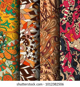 Set of tracery colorful seamless patterns. Vertical stripes. Curved doodling backgrounds for textile or printing with mehndi and ethnic motives. Vector
