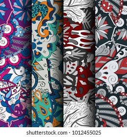 Set of tracery colorful seamless patterns. Vertical stripes. Curved doodling backgrounds for textile or printing with mehndi and ethnic motives. Vector