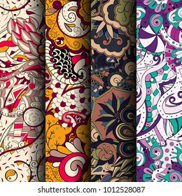 Set of tracery colorful seamless patterns. Vertical stripes. Curved doodling backgrounds for textile or printing with mehndi and ethnic motives. Vector