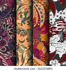 Set of tracery colorful seamless patterns. Vertical stripes. Curved doodling backgrounds for textile or printing with mehndi and ethnic motives. Vector