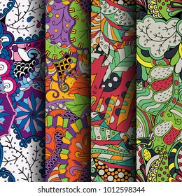 Set of tracery colorful seamless patterns. Vertical stripes. Curved doodling backgrounds for textile or printing with mehndi and ethnic motives. Vector