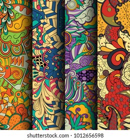 Set of tracery colorful seamless patterns. Vertical stripes. Curved doodling backgrounds for textile or printing with mehndi and ethnic motives. Vector