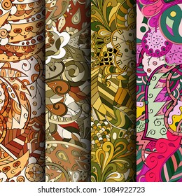 Set of tracery colorful seamless patterns. Vertical stripes. Curved doodling backgrounds for textile or printing with mehndi and ethnic motives. Vector