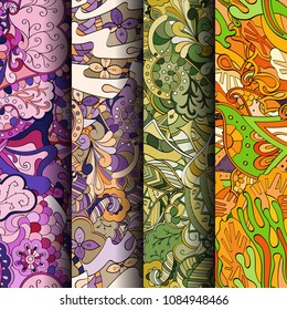Set of tracery colorful seamless patterns. Vertical stripes. Curved doodling backgrounds for textile or printing with mehndi and ethnic motives. Vector