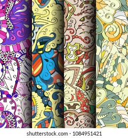 Set of tracery colorful seamless patterns. Vertical stripes. Curved doodling backgrounds for textile or printing with mehndi and ethnic motives. Vector