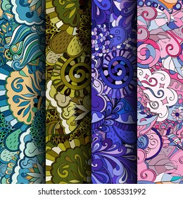 Set of tracery colorful seamless patterns. Vertical stripes. Curved doodling backgrounds for textile or printing with mehndi and ethnic motives. Vector