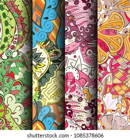 Set of tracery colorful seamless patterns. Vertical stripes. Curved doodling backgrounds for textile or printing with mehndi and ethnic motives. Vector