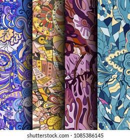 Set of tracery colorful seamless patterns. Vertical stripes. Curved doodling backgrounds for textile or printing with mehndi and ethnic motives. Vector