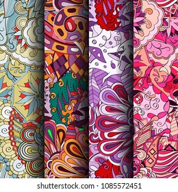 Set of tracery colorful seamless patterns. Vertical stripes. Curved doodling backgrounds for textile or printing with mehndi and ethnic motives. Vector
