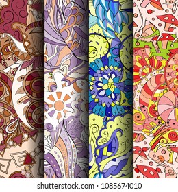 Set of tracery colorful seamless patterns. Vertical stripes. Curved doodling backgrounds for textile or printing with mehndi and ethnic motives. Vector