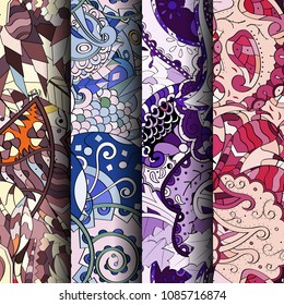 Set of tracery colorful seamless patterns. Vertical stripes. Curved doodling backgrounds for textile or printing with mehndi and ethnic motives. Vector
