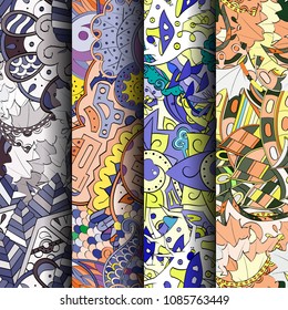 Set of tracery colorful seamless patterns. Vertical stripes. Curved doodling backgrounds for textile or printing with mehndi and ethnic motives. Vector