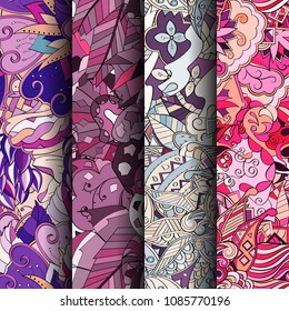 Set of tracery colorful seamless patterns. Vertical stripes. Curved doodling backgrounds for textile or printing with mehndi and ethnic motives. Vector