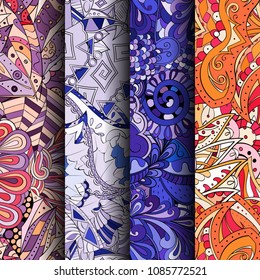 Set of tracery colorful seamless patterns. Vertical stripes. Curved doodling backgrounds for textile or printing with mehndi and ethnic motives. Vector