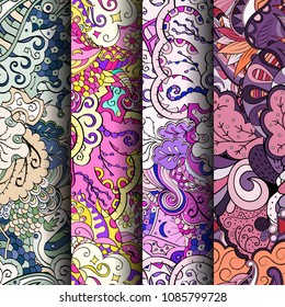 Set of tracery colorful seamless patterns. Vertical stripes. Curved doodling backgrounds for textile or printing with mehndi and ethnic motives. Vector