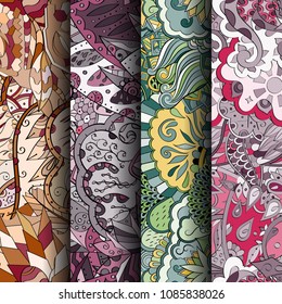 Set of tracery colorful seamless patterns. Vertical stripes. Curved doodling backgrounds for textile or printing with mehndi and ethnic motives. Vector
