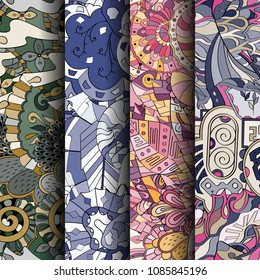Set of tracery colorful seamless patterns. Vertical stripes. Curved doodling backgrounds for textile or printing with mehndi and ethnic motives. Vector