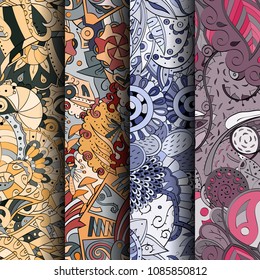 Set of tracery colorful seamless patterns. Vertical stripes. Curved doodling backgrounds for textile or printing with mehndi and ethnic motives. Vector