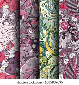 Set of tracery colorful seamless patterns. Vertical stripes. Curved doodling backgrounds for textile or printing with mehndi and ethnic motives. Vector