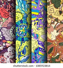 Set of tracery colorful seamless patterns. Vertical stripes. Curved doodling backgrounds for textile or printing with mehndi and ethnic motives. Vector