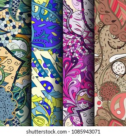 Set of tracery colorful seamless patterns. Vertical stripes. Curved doodling backgrounds for textile or printing with mehndi and ethnic motives. Vector