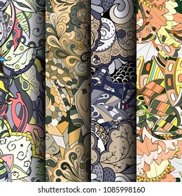 Set of tracery colorful seamless patterns. Vertical stripes. Curved doodling backgrounds for textile or printing with mehndi and ethnic motives. Vector