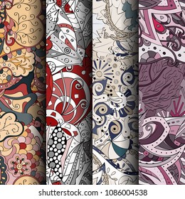 Set of tracery colorful seamless patterns. Vertical stripes. Curved doodling backgrounds for textile or printing with mehndi and ethnic motives. Vector