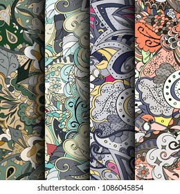 Set of tracery colorful seamless patterns. Vertical stripes. Curved doodling backgrounds for textile or printing with mehndi and ethnic motives. Vector