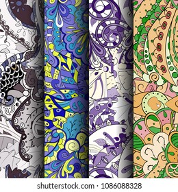 Set of tracery colorful seamless patterns. Vertical stripes. Curved doodling backgrounds for textile or printing with mehndi and ethnic motives. Vector