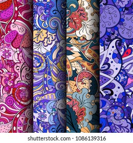 Set of tracery colorful seamless patterns. Vertical stripes. Curved doodling backgrounds for textile or printing with mehndi and ethnic motives. Vector