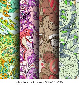 Set of tracery colorful seamless patterns. Vertical stripes. Curved doodling backgrounds for textile or printing with mehndi and ethnic motives. Vector
