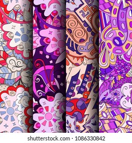 Set of tracery colorful seamless patterns. Vertical stripes. Curved doodling backgrounds for textile or printing with mehndi and ethnic motives. Vector