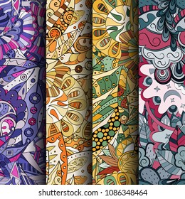 Set of tracery colorful seamless patterns. Vertical stripes. Curved doodling backgrounds for textile or printing with mehndi and ethnic motives. Vector