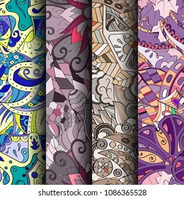 Set of tracery colorful seamless patterns. Vertical stripes. Curved doodling backgrounds for textile or printing with mehndi and ethnic motives. Vector