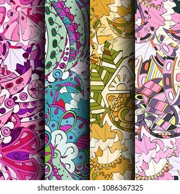 Set of tracery colorful seamless patterns. Vertical stripes. Curved doodling backgrounds for textile or printing with mehndi and ethnic motives. Vector