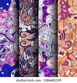 Set of tracery colorful seamless patterns. Vertical stripes. Curved doodling backgrounds for textile or printing with mehndi and ethnic motives. Vector