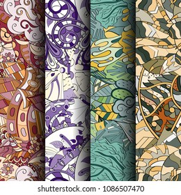 Set of tracery colorful seamless patterns. Vertical stripes. Curved doodling backgrounds for textile or printing with mehndi and ethnic motives. Vector