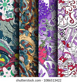 Set of tracery colorful seamless patterns. Vertical stripes. Curved doodling backgrounds for textile or printing with mehndi and ethnic motives. Vector