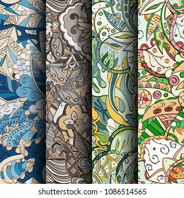 Set of tracery colorful seamless patterns. Vertical stripes. Curved doodling backgrounds for textile or printing with mehndi and ethnic motives. Vector