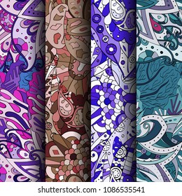 Set of tracery colorful seamless patterns. Vertical stripes. Curved doodling backgrounds for textile or printing with mehndi and ethnic motives. Vector