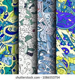 Set of tracery colorful seamless patterns. Vertical stripes. Curved doodling backgrounds for textile or printing with mehndi and ethnic motives. Vector