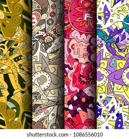 Set of tracery colorful seamless patterns. Vertical stripes. Curved doodling backgrounds for textile or printing with mehndi and ethnic motives. Vector