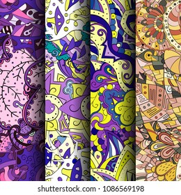 Set of tracery colorful seamless patterns. Vertical stripes. Curved doodling backgrounds for textile or printing with mehndi and ethnic motives. Vector