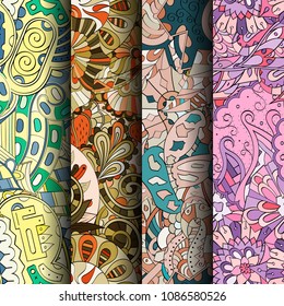 Set of tracery colorful seamless patterns. Vertical stripes. Curved doodling backgrounds for textile or printing with mehndi and ethnic motives. Vector