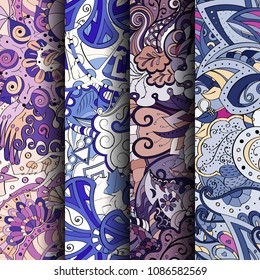 Set of tracery colorful seamless patterns. Vertical stripes. Curved doodling backgrounds for textile or printing with mehndi and ethnic motives. Vector