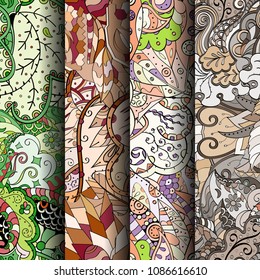 Set of tracery colorful seamless patterns. Vertical stripes. Curved doodling backgrounds for textile or printing with mehndi and ethnic motives. Vector