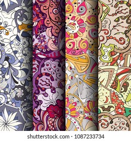 Set of tracery colorful seamless patterns. Vertical stripes. Curved doodling backgrounds for textile or printing with mehndi and ethnic motives. Vector
