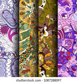 Set of tracery colorful seamless patterns. Vertical stripes. Curved doodling backgrounds for textile or printing with mehndi and ethnic motives. Vector