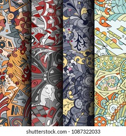 Set of tracery colorful seamless patterns. Vertical stripes. Curved doodling backgrounds for textile or printing with mehndi and ethnic motives. Vector