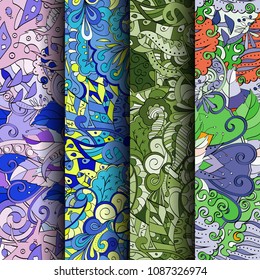 Set of tracery colorful seamless patterns. Vertical stripes. Curved doodling backgrounds for textile or printing with mehndi and ethnic motives. Vector